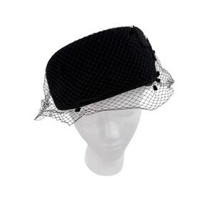 Black‎ Velvet Pillbox Hat Veil Feathers Bow Formal Occasion Womens READ Pin-up